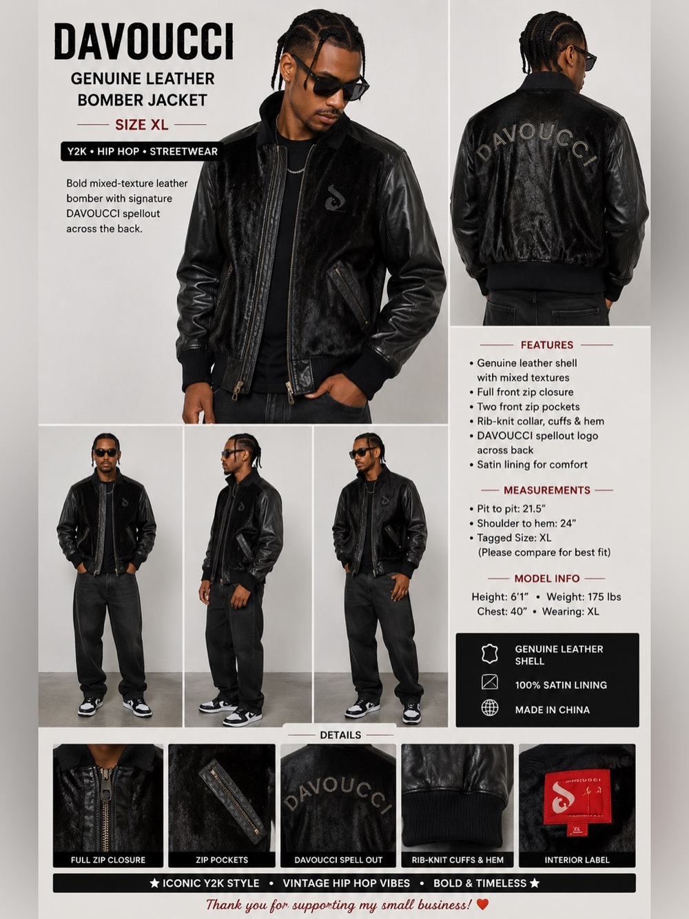 Davoucci Genuine Leather Black Bomber Jacket XL Spellout Y2K Hip Hop
